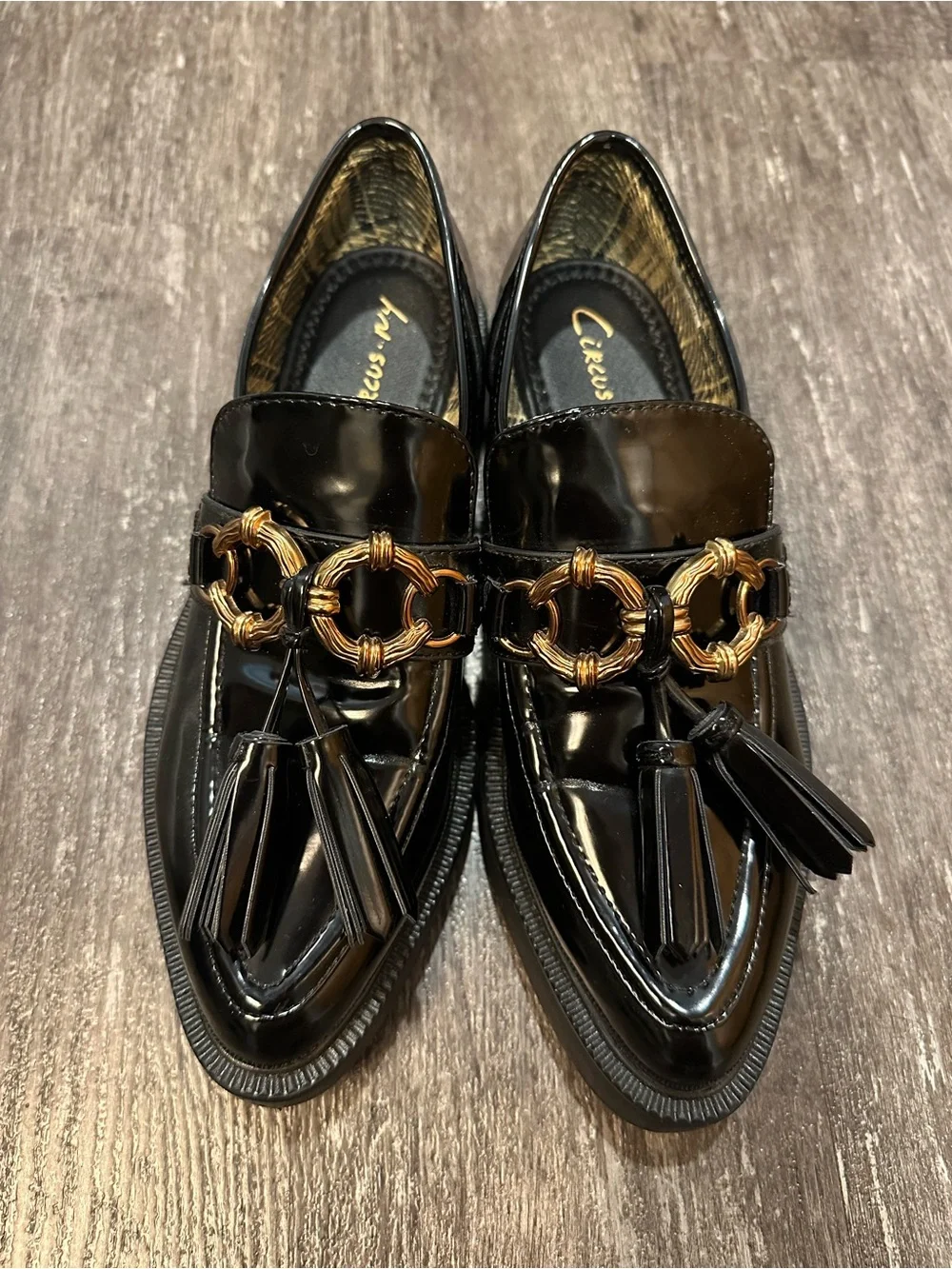 Circus by Sam Edelman Black Patent Loafers with Gold Chain and Black Tassels